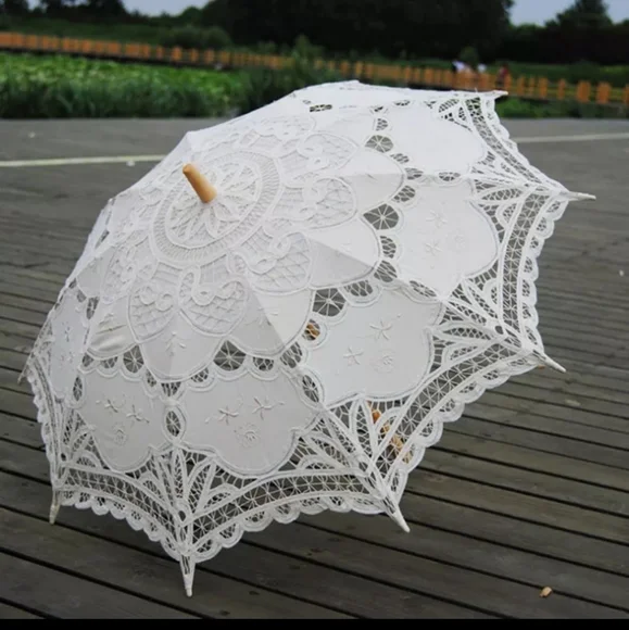 ❤️NWT A Set of Embroidery Victorian Parasol White Umbrella & Fan 32inch …